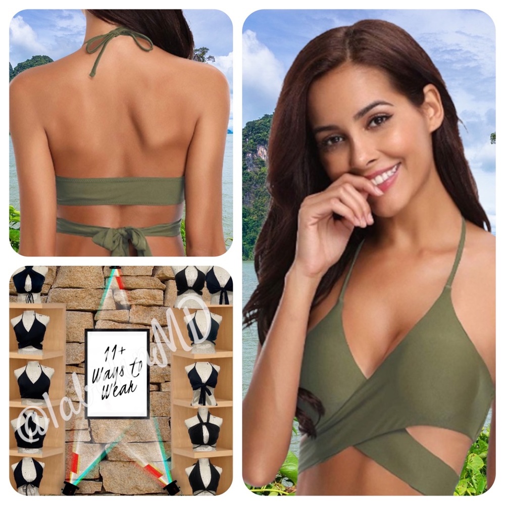 Army Green Push Up Wrap Bikini Top, L - NWT